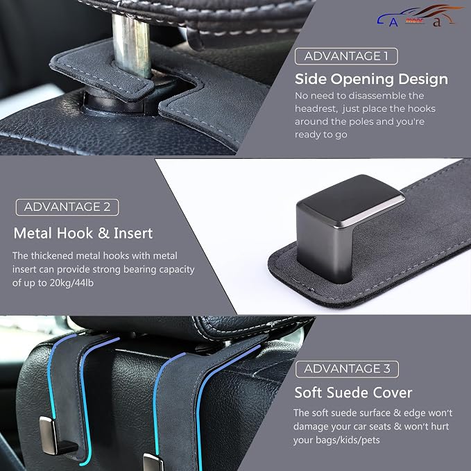 Amooca Car Seat Back Hook Universal Auto Storage Hanger Suede with Metal Car Seat Organizer for Handbag Purse Coat Umbrellas Grocery Bags 2 Pack Gray