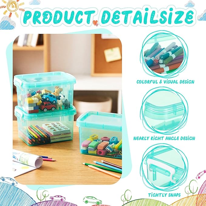 Wenqik 6 Pack Colorful Plastic Storage Bins with Lids 4 Quart Small Storage Latch Box Stackable and Nestable Clear Organizer Bins with Latching Handle and Buckle for Organizing (Teal)