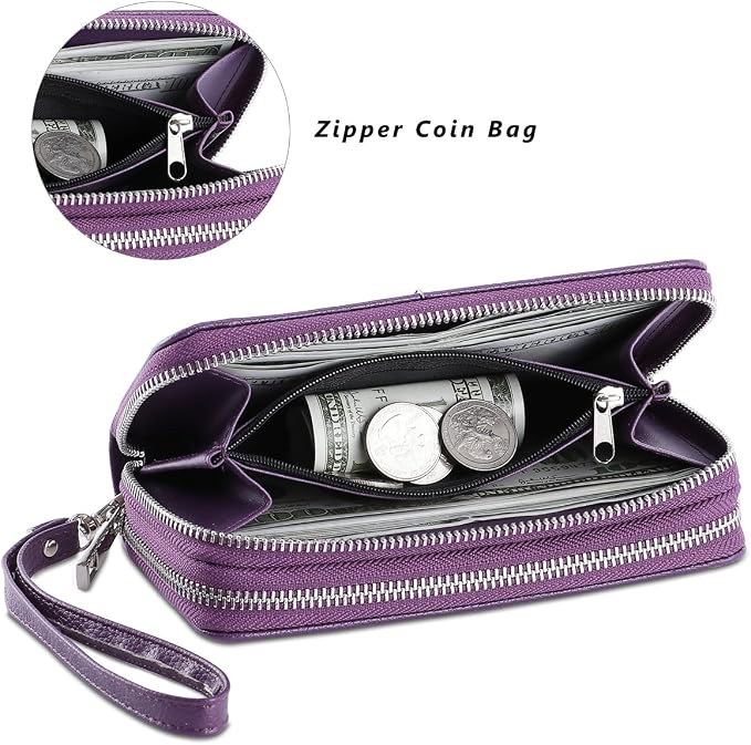 Cellphone Wallet for Women Dual Zipper Long Purse with Removable Wristlet