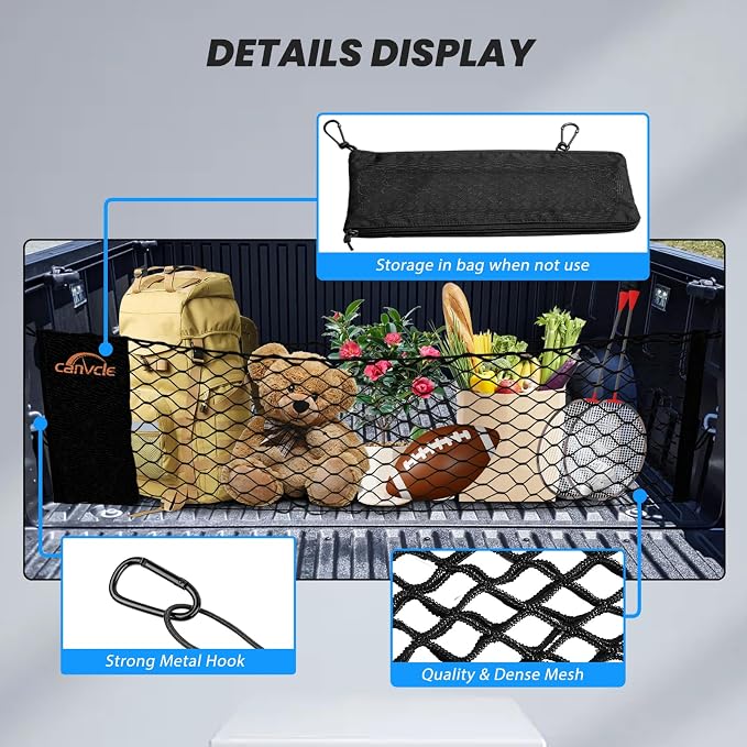 Truck Bed Cargo Net for Toyota Tundra 2022-2026, Envelope Style Pickup Truck Bed Net for Tundra Accessories, Upgraded Trunk Cargo Net Storage Bag with Metal Carabiners