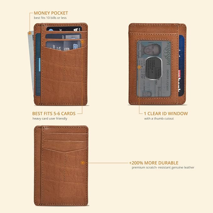 Oak Leathers Leather Slim Minimalist Wallet for Men & Women RFID Front Pocket Leather Card Holder Wallets (Dark Cognac)