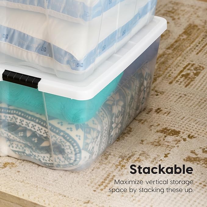 IRIS USA 94 Qt Stackable Plastic Storage Bins with Lids, 4 Pack - BPA-Free, Made in USA - See-Through Organizing Solution, Latches, Durable Nestable Containers, Secure Pull Handle - Clear/White