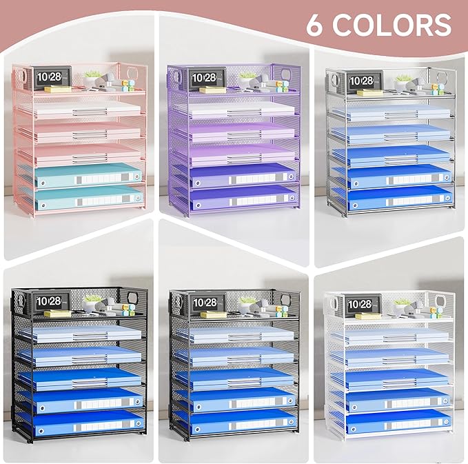 Pink Paper Organizer for Desk with Handle, 6-Tier Metal Mesh File Organizer | Stackable Desktop Organizer for Office Supplies & Stationery Storage