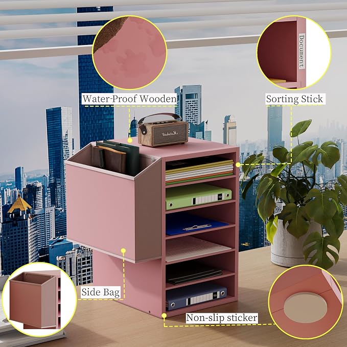 Unionly 6 Tier Adjustable Countertop Mail Sorter, Mailboxes With Name Slots, Literature Organization Paper Storage Slot, Office Desk File Organizer, Wooden Desktop Mailbox for Classroom(Pink, 6 Slots)