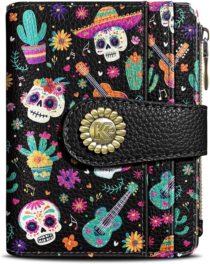 Kelvoris Skull Small Rfid Women Wallet Bifold Zipper Coin Pocket PU Leather Compact Cash Credit Card Holder Travel Wallet for Female Ladies Teen Girls 1 ID Window 10 Card Slots Day of The Dead