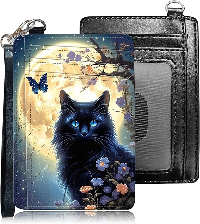 Slim RFID Blocking Card Holder Wallet with Wrist Strap - Minimalist Front Pocket Wallet, Black cat Moon Design, PU Leathe, for Men & Women, Ideal for Travel & Gifts