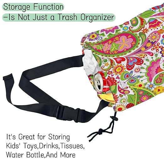 Colorful Paisley Car Garbage Bag,Ethnic Floral Waterproof Small Car Trash Bag Hanging Back of Seat,Drawstring Hanging Car Trash Bag with Adjustable Buckle for Car Accessories