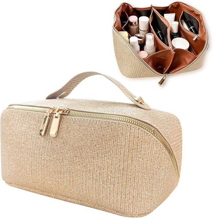 Travel Makeup Bag with Compartments & Organizers – Flat Open Cosmetic Pouch for Women, Purse-Style Design for Traveling, Perfect for Toiletries & Cosmetics(Gold)