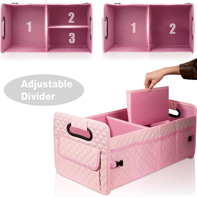 JiatuA Car Trunk Organizer for SUV, Car Storage Organizer Collapsible Multi Compartment Container Box, Adjustable Car Accessories for Women/Men, Large Pink