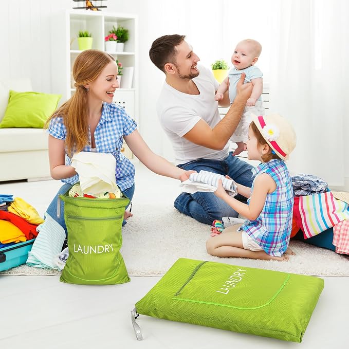Weesiber 2 Pack Laundry Bags - Foldable Travel Dirty Clothes Organizer with Zipper, Washable Wet Dry Bag for Gym, Swimming, Yoga, and Workout Bathing Suits (Green, Small+ Large)