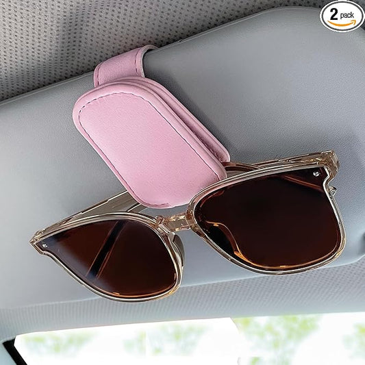 KIWEN 2 Packs Sunglasses Holders for Car Visor, Magnetic Leather Glasses Eyeglass Clip for Car, Ticket Card Clip Sunglasses Mount, Car Visor Accessories Gadgets (2, Pink)