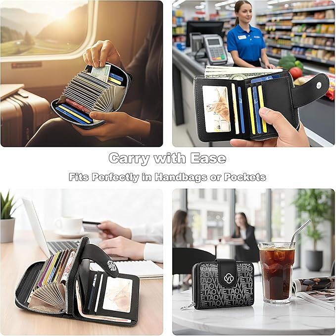 Credit Card Wallets for Women, Leather Cardholder with Zipper Around, Small Rfid Ladies Wallet, Accordion Compact Bifold Purse for Travel, 19 Card Slots, ID Window, Cash Organizer - Black
