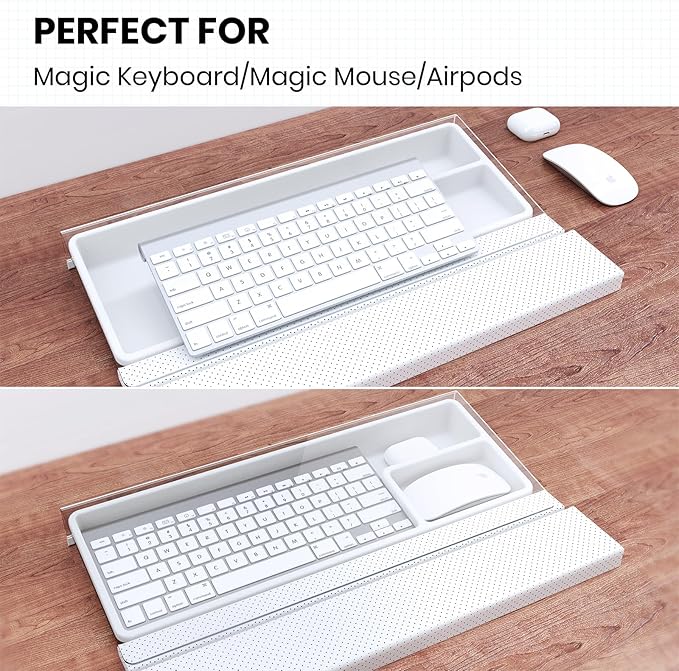 3 in 1 Keyboard Stand w/Wrist Rest and Storage Tray - Klearlook [Ultra Comfortable] PU Leather Wrist Pad & Acrylic Keyboard Riser, 16.9x7.3 inch Tilt Adjustable Computer Keyboard Stand Holder-White