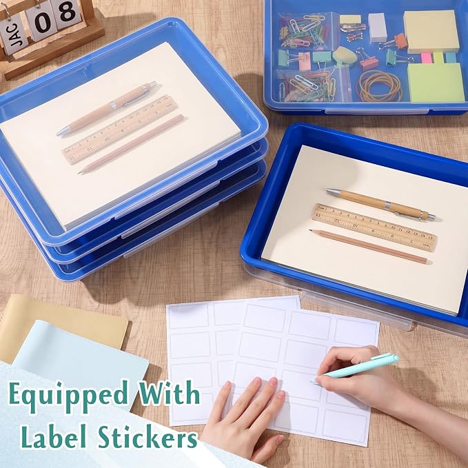Tinlade 12 Pcs Classroom Paper Storage Bins with Clear Latching Lid, Label Stackable Letter Size Flat Tray Container for Teacher Back to School Supplies Home Office Desk Arts Crafts (Blue,13x10in)