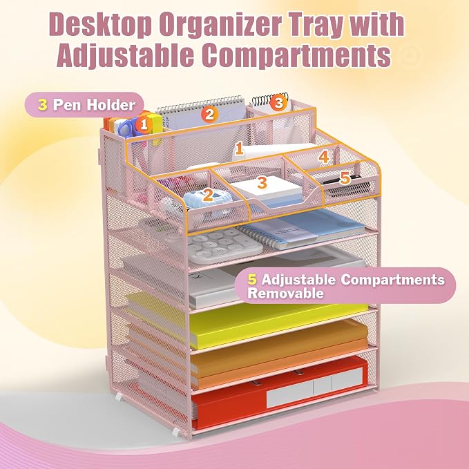 Docnest 6 Tier Mesh Desk Organizer for Paper Office Supplies – Multi-Functional Letter Tray with 5 Adjustable Compartments, 9 Pen Holders, Desktop Storage for Files, Mail, Stationery – Pink