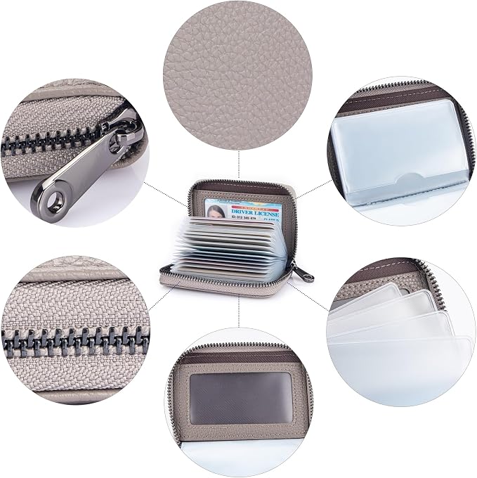 Suweibuke Genuine Leather Credit Card Holder Zipper Wallet RFID Blocking Secure Card Case ID Case Organizer (Grey)