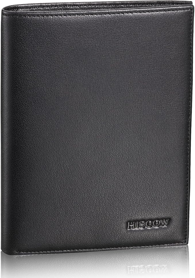 HISCOW Leather Passport Holder for Travel, Bifold Wallet, Black | Full grain cowhide, RFID blocking, 7 card slots, cash compartment, frosted ID window, travel essentials, premium gift box
