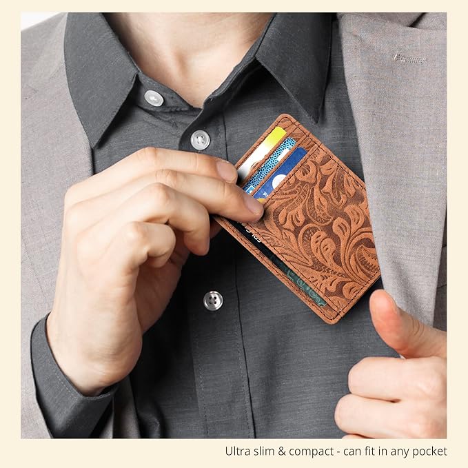Real Leather Slim Minimalist Wallet for Men and Women -RFID Blocking Front Pocket Thin Credit Card Holder Stylish Wallets (Cognac1)