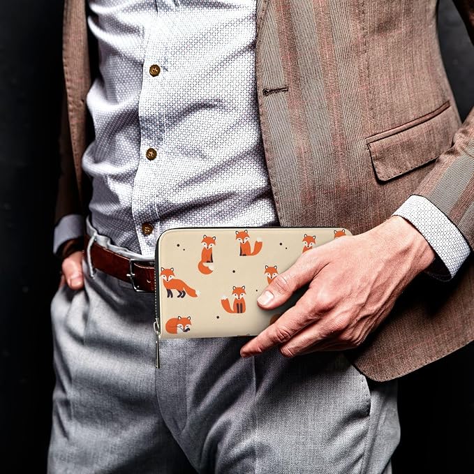 Vintage Cute Little Red Fox Wallet for Men Women Elegant Long Clutch Zip Around Travel Leather Coin Purse Large Capacity Credit Card Holder Handbag