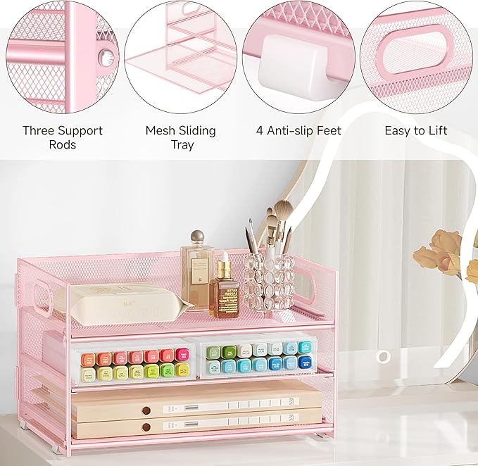 Subekyu 3 Tier Paper Letter Tray Organizer for Desk, Pink Metal Mesh File Folder Sorter Organizer with Handle and 1 PC Sliding Tray for Home Office School Desk Supplies Organization Storage