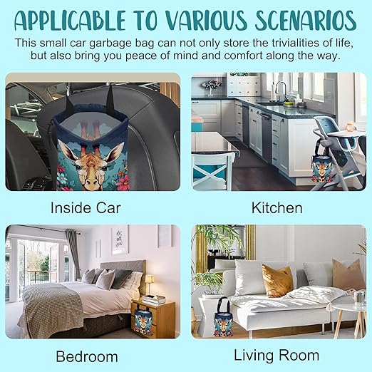 Car Garbage Bag Giraffe and Colorful Flowers Drawstring Car Trash Bag Hanging for Back Seat with Adjustable Buckle Canvas Vehicle Trash Can Easy-to-Install