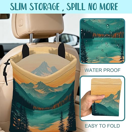 Car Garbage Bag Mountain and Forest at Sunset Hanging Canvas Car Trash Bag Drawstring Car Back Seat Organizer for Car Back Front Seat Console with Adjustable Buckle