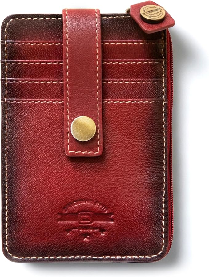 ID Stronghold RFID Blocking Front Pocket Wallet – Slim Minimalist Genuine Leather Wallet with Zipper Coin Pocket (Mega Red)