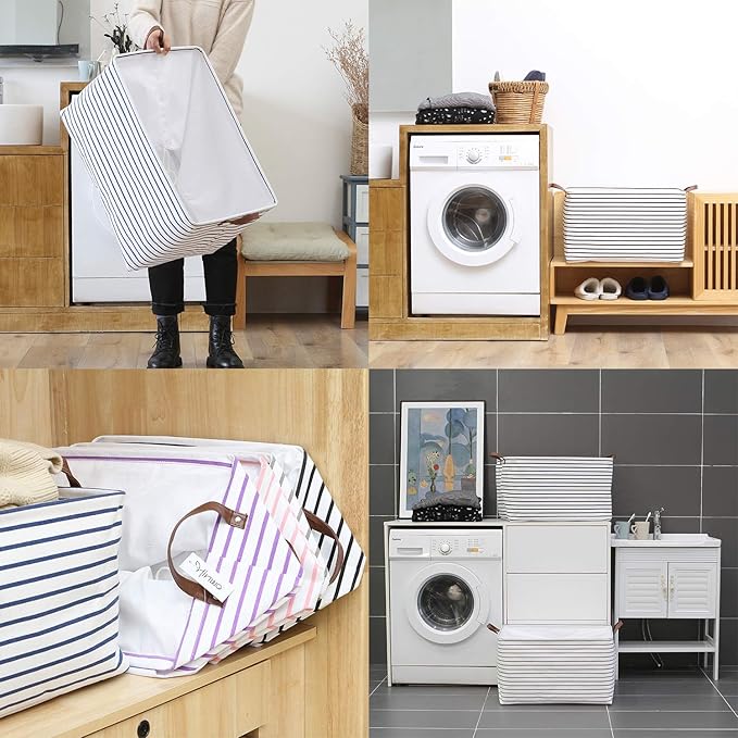 Hinwo 70L Extra Large Storage Bins, 6-Pack Closet Organizers and Storage, Foldable Clothes Storage Baskets with Handles, Containers for Clothing, Blanket, Comforters, Toys, Bedding (Black Stripe)