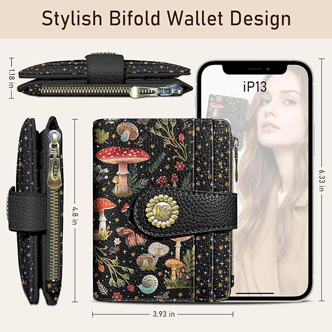 Kelvoris Mushroom Moon Night Small Rfid Women Wallet Bifold Zipper Coin Pocket PU Leather Compact Cash Credit Card Holder Travel Wallet for Female Ladies Teen Girls 1 ID Window 10 Card Slots