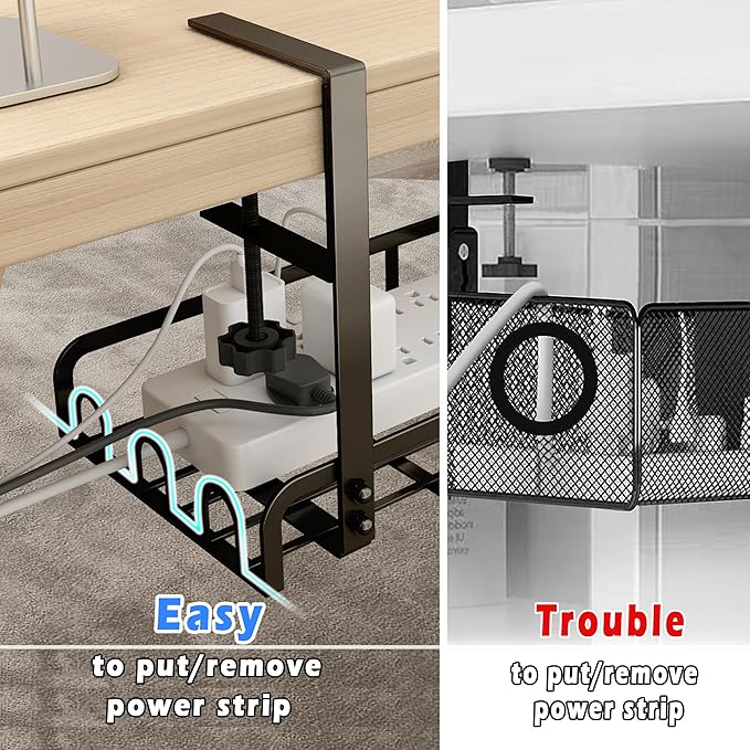 Sleclean Under Desk Cable Management Tray,2 Pack, Upgraded Long Arm Clamp, 16.6"x7.1" No Drill Steel Organizers, Cable Tray with Clamp for Wire Management,Home-No Damage to Desk