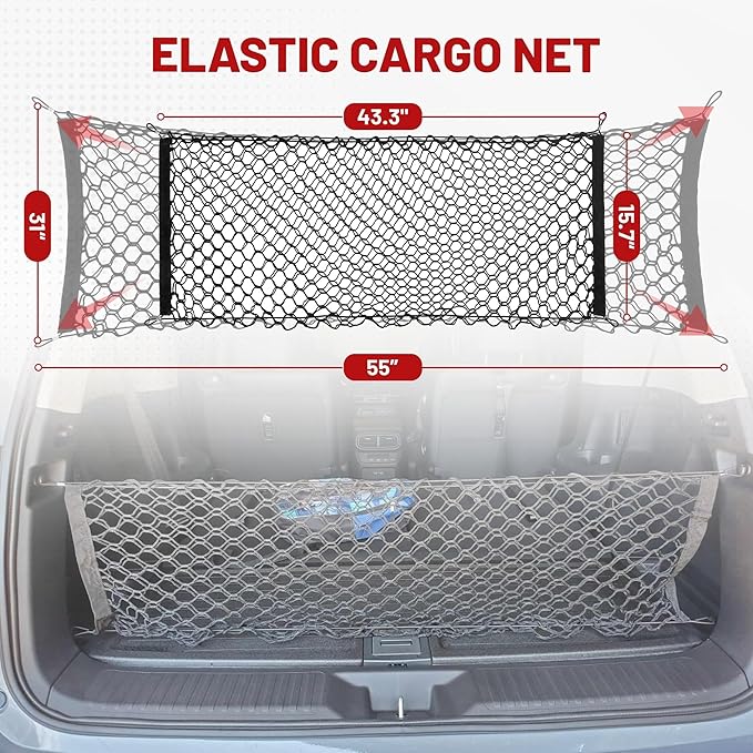 RED WOLF Envelope Style Cargo Net for 2011-2022 Jeep Grand Cherokee Wrangler Commander TJ TL Compass Trunk Bed Grocery Net Elastic Mesh Organizer Storage Net SUV Rear Tailgate Netting 43.3" x 15.7"