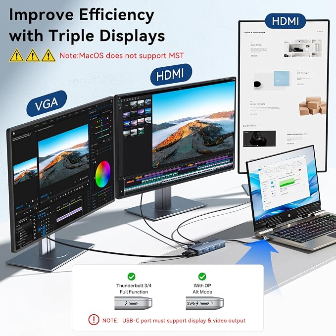 ANYOYO USB C Docking Station Dual HDMI Monitor Adapter 8-in-1 USB C HUB 3 Monitors Adapter with 4K HDMI +VGA +PD100W+Audio Laptop Docking Station for Dell/Lenovo/HP/Samsung/ASUS (Gary)