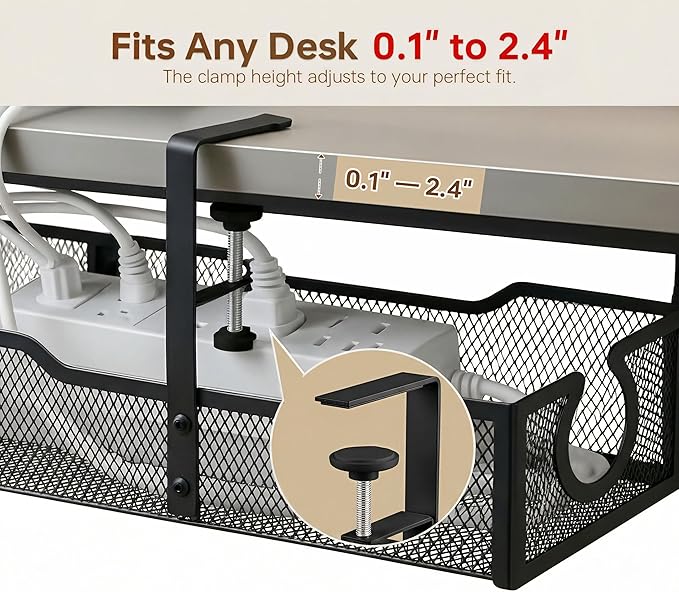 Upgraded 25.2'' Under Desk Cable Management Tray, No Drill Clamp-On Design Wire Organizer, Cable Organization Box for No Damage to Desk, Metal Cord Organizer for Home Office, Black