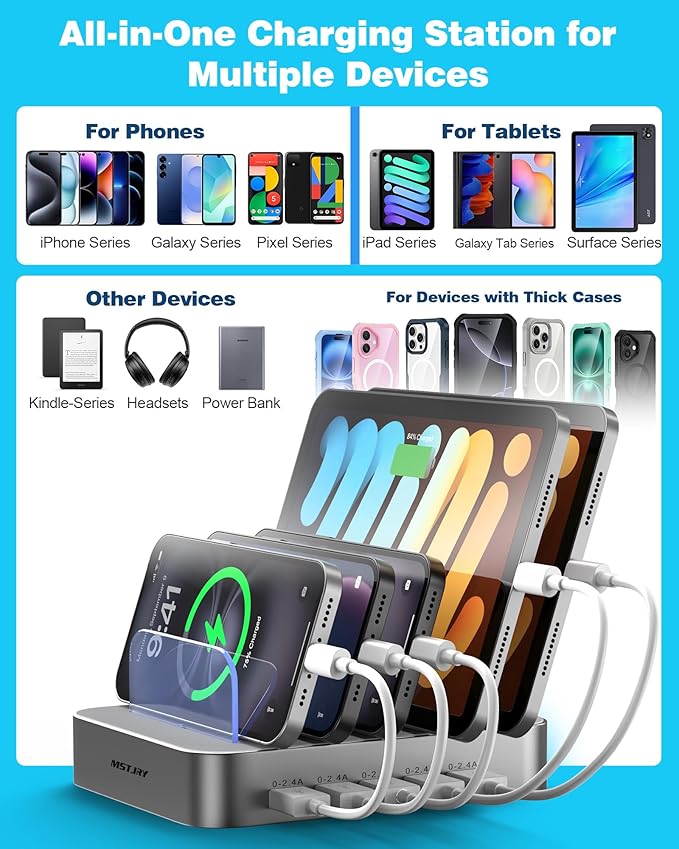 MSTJRY Charging Station for Multiple Devices : 5 Port Multi USB-A Charger Stations Multi-Device Organizer Charging Dock Designed for iPhone iPad Cell Phone Tablets (7 Short Cables Included), Silver