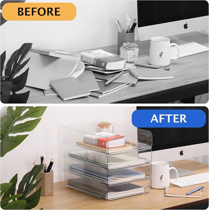 CiWiVOKi 4 Trays Paper Organizer Letter Tray, Acrylic Clear PET Desk File Organizer, Stackable Paper Holder Sorter for Desk Accessories, Files, Documents, iPad, Books, A4 Size, No Assembly Required