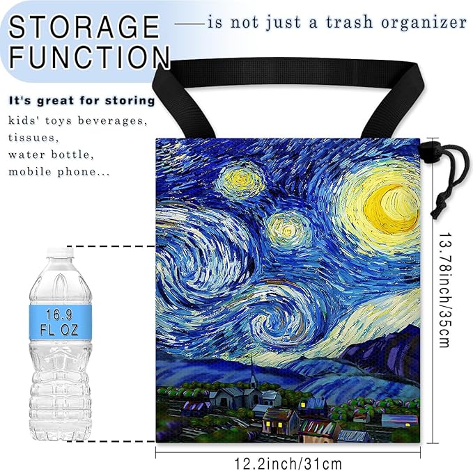 Car Trash Bag Hanging Back of Seat Waterproof Small Cute Printed One-Handed Strap Drawstring Garbage Bags for Car-Starry Night