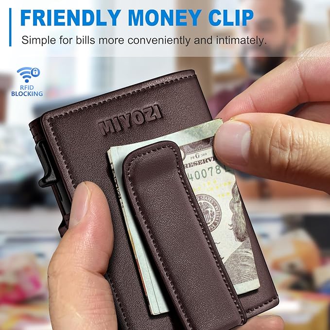 miyozi Men Wallet,with Money Clip Coins Pocket ID Window,Slim Front Pocket RFID Blocking Pop-up Card Holder 3.9"x 2.7", Gift Boxed