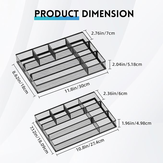 SUPEASY 2 Pack Mesh Drawer Organizer, Metal Desk Drawer Organizer Tray with 8 Adjustable Compartments, Desk Organizers and Accessories for Office Supplies, Kitchen, Makeup & Vanity (Black)