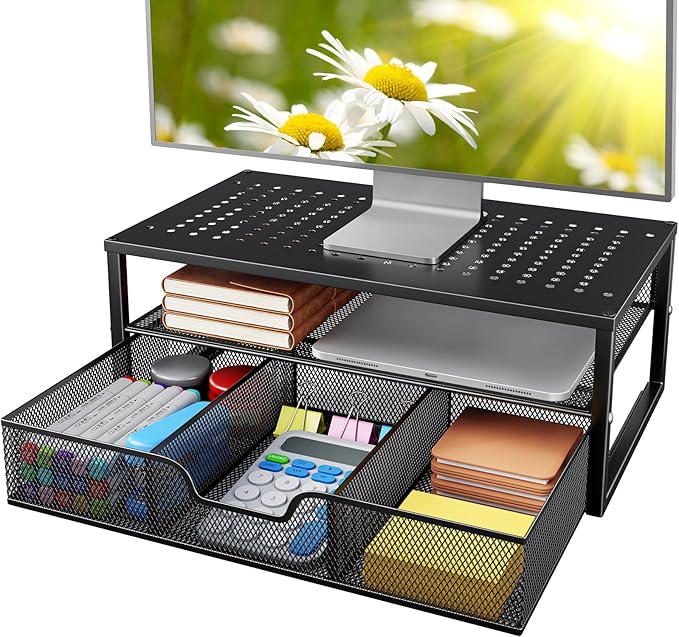 HUANUO 2 Tier Monitor Stand, Metal Monitor Riser with Storage, Computer Desk Organizer with Drawer for Laptop, Computer, PC, Black