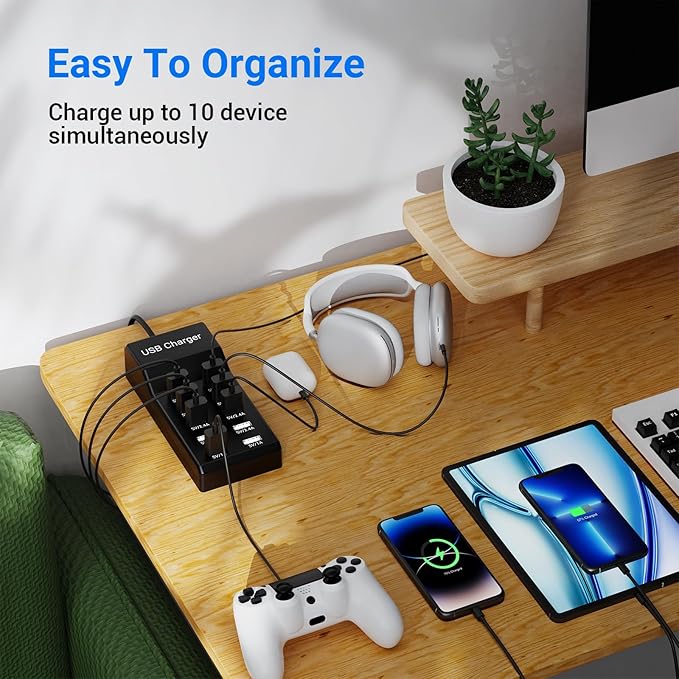 10-Port USB Charger Station, 50W10A Multiport Charger Hub for iPhone, Galaxy, iPad & More, 3.3FT