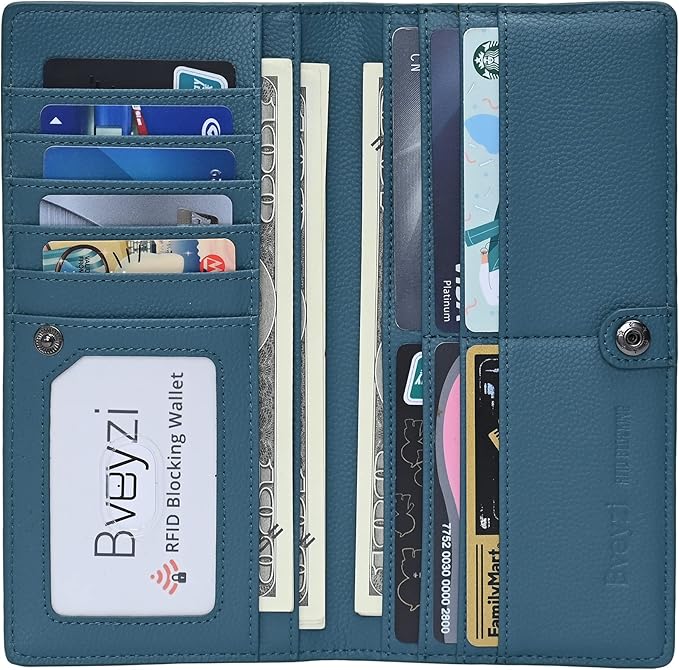 Bveyzi Ultra Slim Thin Leather RFID Blocking Credit Card Holder Bifold Clutch Wallets for Women