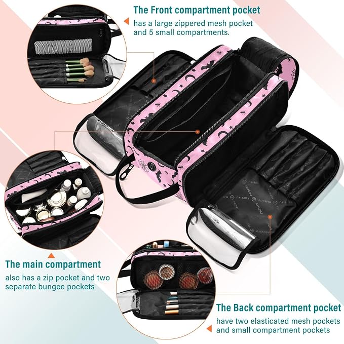 MNSRUU Travel Makeup Bag,Pink Goth with Bats Makeup Bag Large Capacity Portable Travel Toiletries Bag for Travel Size Cosmetic Bag Organizer, Women Toiletry Makeup Bag Organizer