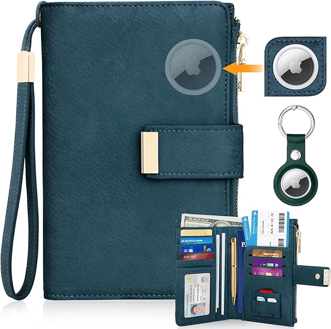 HUANLANG Passport Holder with Airtag for Women/Men, Airtag Passport Wallet for Travel Leather Passport Holder RFID Blocking,Travel Passport Walelt with Credit Card Holder