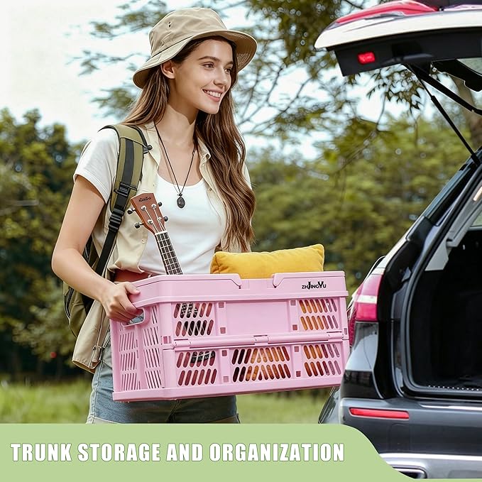 Pink Plastic Baskets with handles,2-pack Collapsible crates for storage,14.96"x9.84"x7.87" foldable shopping basket ,foldable crate with Handles for car Classroom Kitchen Bathroom Medicine Milk