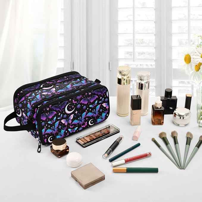 MNSRUU Large Capacity Makeup Bag, Neon Purple and Bats Stars and Moons Cosmetic Bag Portable Toiletries Pouch with Compartments Makeup Organizer Case for Travel Women
