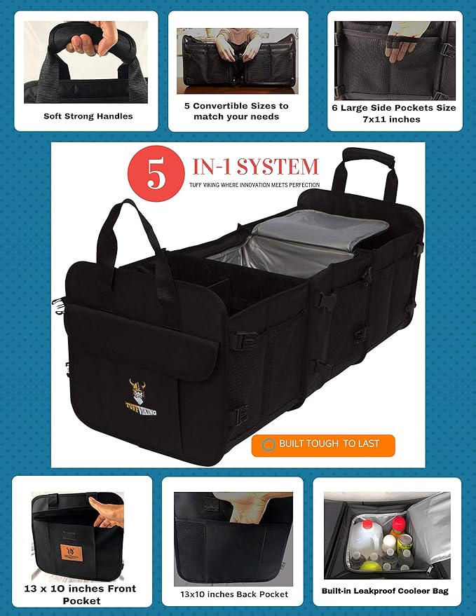 Tuff Viking Convertible Large 3 Compartment SUV Trunk Organizer with Cover | Truck Bed Organizer | for Trucks, Cars, SUVs and Groceries with Tie Down Straps. (5 in 1, Black)