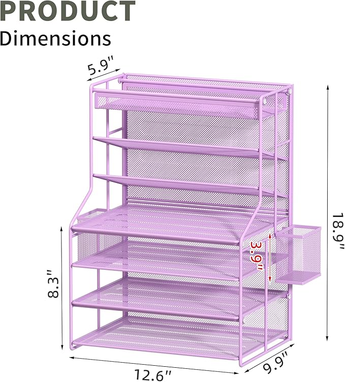 Purple 7 Tier Desk File Organizer, Metal Letter Tray Paper Organizer with Pull-Out Drawer, Removable Pen Holder & Hanging Basket, Vertical Desktop File Holder for Home Office, Classroom