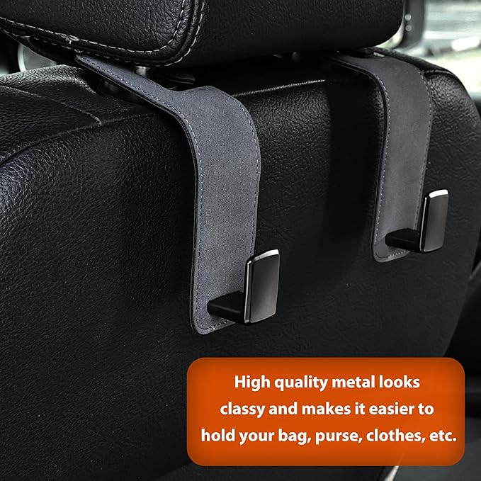 Car Seat Back Hook Metal with Suede Universal Vehicle Headrest Hangers Interior Storage Organizer for Purse Handbag Coat Grocery Bags 2 Pack Grey