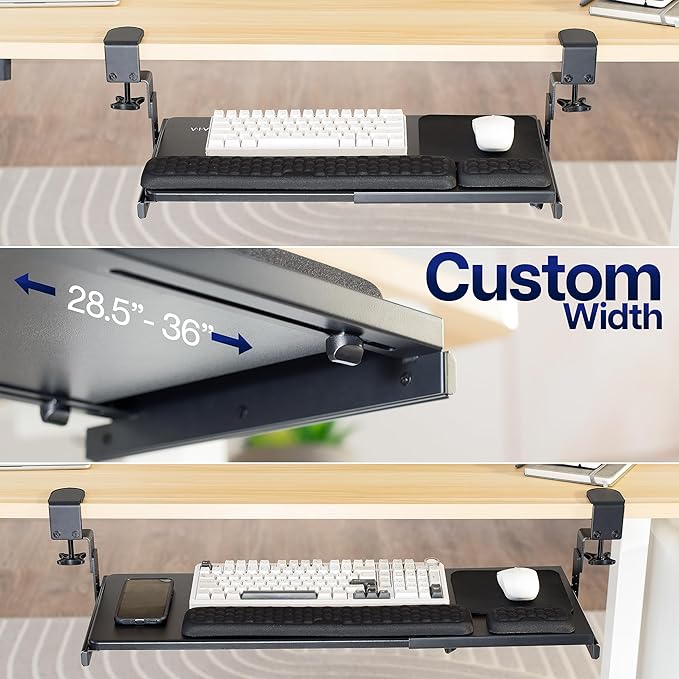 VIVO Large Height and Width Adjustable Under Desk Keyboard Tray, C-clamp Mount System, 22.5” to 30” (28.5” to 36” Including Clamps) x 11 inch Slide-Out Platform for Typing, Black, Mount-KBST1