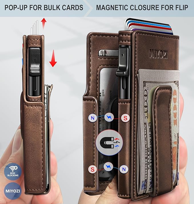 miyozi Airtag Wallet for Men,with Money Clip 10 Cards Metal Case Smart Slim Pop Up Credit Card Holder Flip with Magnetic Closure RFID Blocking wallet with Gift Box